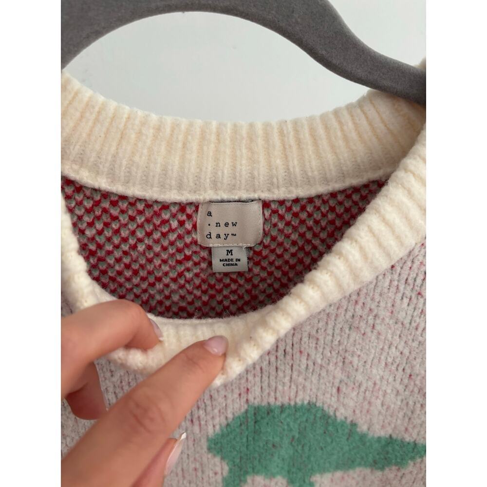 A New Day Cherry Graphic Sweater Women’s Medium Cream Knit Pullover Cozy Cute - Picture 6 of 12